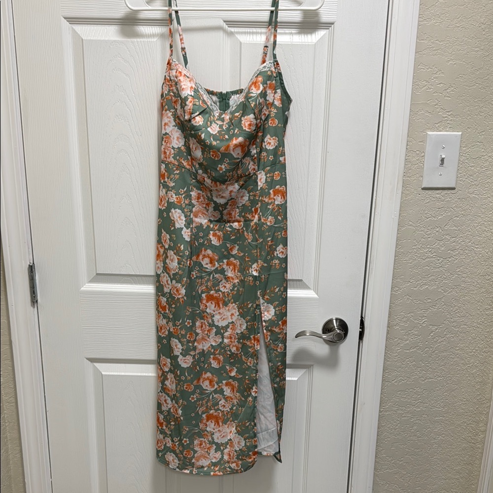 Floral Green Midi Dress with Spaghetti Straps